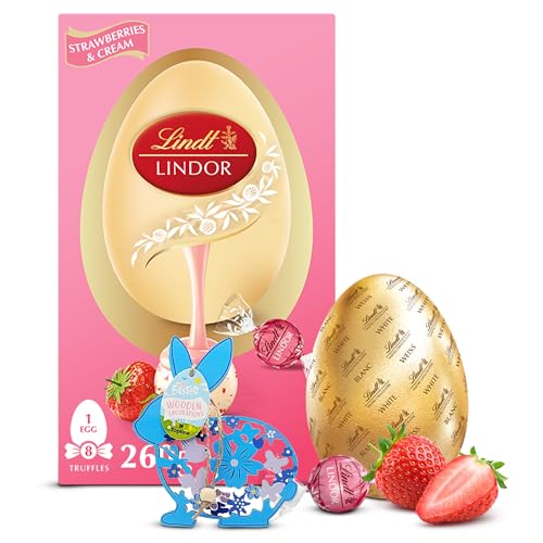 Topline Lindt Chocolates Easter Egg for Easter Gifts - Large Strawberries & Cream White Chocolate Egg with Truffles 260g & Topline Easter Hanging Decoration. Great Chocolate Gifts for Women Mum