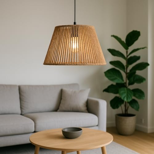 Image of Natural Jute Rope Lampshade 1 Pack Handwoven Pendant Light Shade with E27 Ring Adapter 28cm Bottom Diameter x 18cm Height Rustic Boho Light Fixture for Living Room Bedroom Dining Area (1)