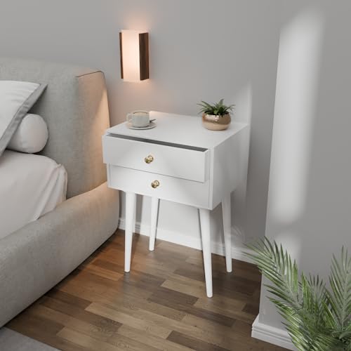 Image of ETIQUETTE ART Modern Bedside Table with Solid Wood Legs Minimalist and Practical Bedside Table End Side Table with 2 Drawer Storage for Bedroom & Living Room (White)