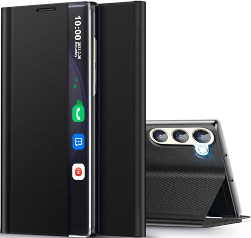 for Samsung Galaxy S21 Case View Clear Smart Window, with Kickstand for Samsung S21 Case Luxury Flip Slim Mirror Hard PC Leather View Clear Smart Window Cover for Samsung Galaxy S21 5G Phone Case View