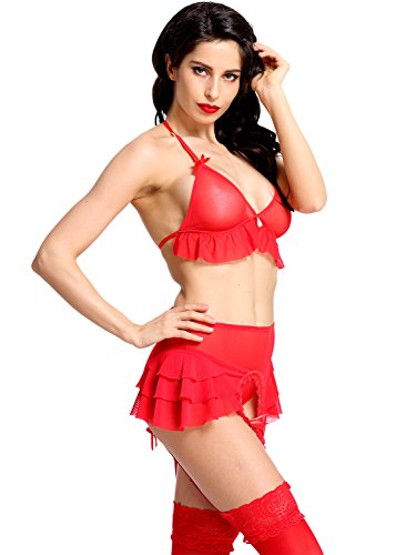 Amoretu Womens Sheer Lingerie V-neck Bra Apron Skirt Set with Garters Red