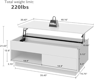 HOMMPA 40“ Lift Top Coffee Table with Storage LED Coffee Table Morden High Gloss Living Room 3 Tiers Modern Tea Table with Storage Center Tables Hidden Compartment & Open Shelve & Drawer White