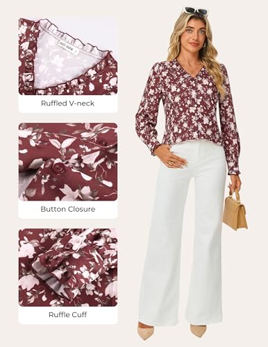 GRACE KARIN Women’s Boho Floral Tops, 2026 Fall Button Down Long Sleeve Blouses, Dressy Casual V Neck Work Trendy Shirts Brown White Floral XXL — view 3