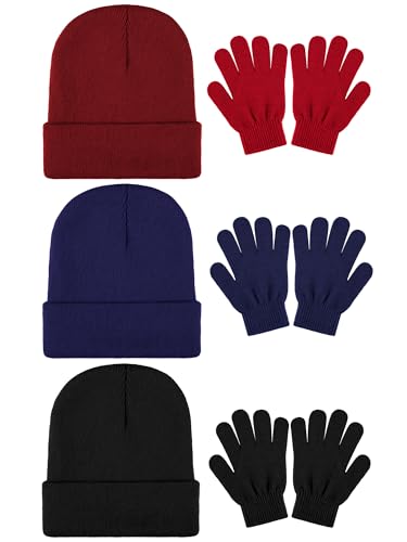 Image of Cooraby 6 Pack Kid's Winter Beanies Hat Full Fingers Gloves Set Skull Winter Caps Stretchy Gloves for Boys Girls