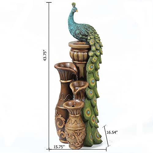 Luxenhome Outdoor Water Fountains, 44" Resin Pedestal Peacock And Urns Garden Water Fountain Outdoor With Led Light, Tall Fountains Outdoor For Garden Patio And Backyard, Brown/Teal Peacock Fountain #TOP5