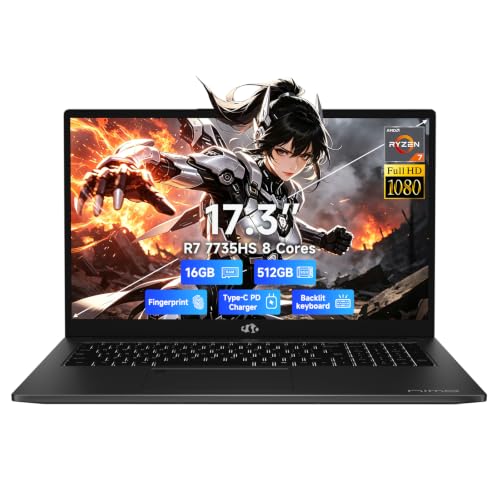 NIMO 17.3' Gaming Laptop, AMD Ryzen 7 7735HS(8C/16T, Up to 4.75GHz) 16GB DDR5 512GB SSD, Radeon 680M GPU Backlit Keyboard Fingerprint Win 11 FHD IPS Computer for Business Designer Creator Work