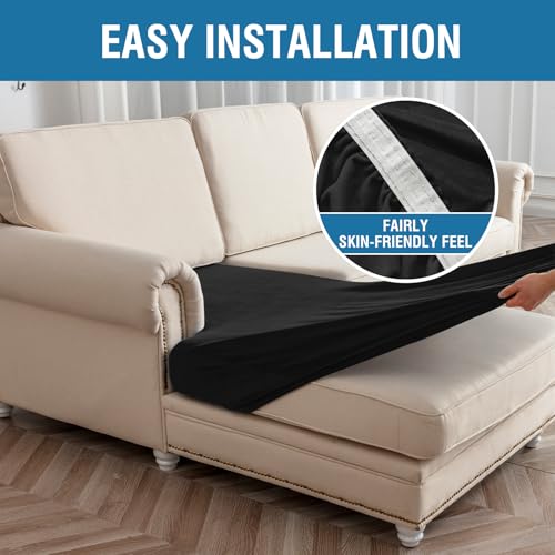 Image of Couch Cover 3-Piece Elastic Velvet Couch Cushion Covers & Chaise Slipcovers for L-Shaped Sofas, Sofa Seat Covers Washable, Soft Cover for Couches (2 Seater + Chaise, Black)