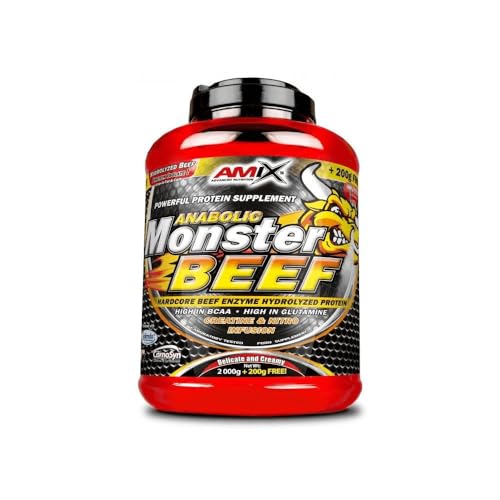 Amix - Monster Beef Protein - Suplemento Alimenticio - Mejora del Rendimiento - Proteína de Suero - Glutamina en Polvo - Nutrición - Proteína de Ternera - Sabor Fresa & Plátano - Bote de 2 Kg