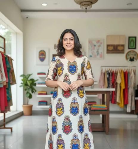 Image of MS VHCK ENTERPRISE Women Printed, Tribal, Kalamkari, Abstract Khadi Cotton Kurti.