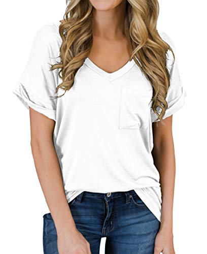 PrinStory Women's Casual Tops Short Sleeve V-Neck Shirts Loose Blouse Basic Tee T-Shirt White US Large