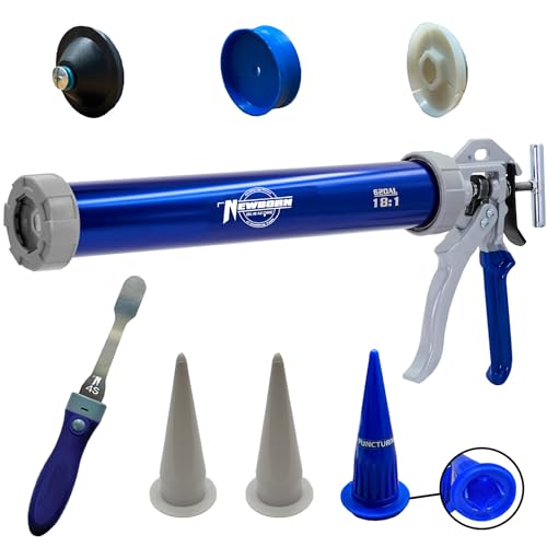Image of Newborn 620AL-Blue Round Rod Caulk Gun with Aluminum Barrel - 18:1 Thrust Ratio | 20 oz. Sausage Cartridge Capacity | Includes Ring Cap, Cones & Sausage Cup