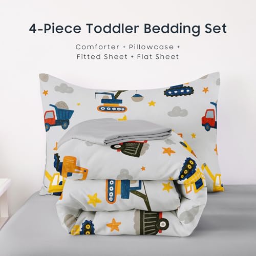 Image of Wake In Cloud - Toddler Bedding Set for Boys, Construction Car Excavator Truck, 4 Pieces Soft Crib Bed Set Including Comforter, Sheets and Pillowcase, Light Gray