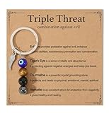 AULSIEY Evil Eye Keychain Charms Decor, Evil Eye Jewelry Triple Empath Protection Keychain for Women, Emotional Protection Healing Crystals Keychains Mental Health Gifts, Natural Crystal Keychains