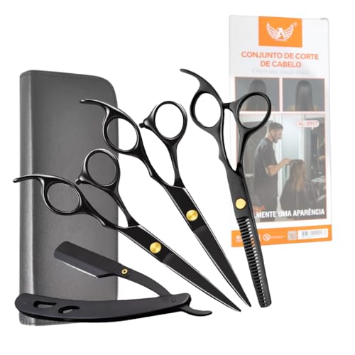 Estojo com 6 Peças Tesouras e Navalha Profissionais Barbeiro Fio Laser BLACK, 6.0 Polegadas, Preto, Kit para Cabeleireiros e Barbeiros