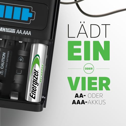 Energizer Recharge - Batterieladegerät für Wiederaufladbare Akku AA und AAA NiMH - 4 AA 2300 mAh Batterien inbegriffen - 4 Stunden Ladezeit - automatische Abschaltung und der Überladungsschutz
