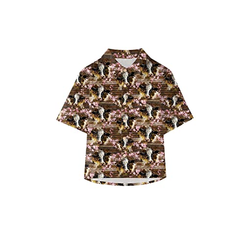 Camisetas de manga curta com botões e gola de lapela para meninos com estampa de vaca para meninos,
