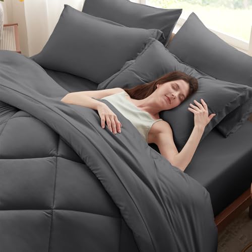Anluoer Queen Comforter Set,Dark Grey Bed in a Bag 7 Piece,Lightweight Bedding Set with Soft Down Alternative Fill,Bed Set Includes Comforter, Fitted Sheet, Flat Sheet,Pillowcases and Shams