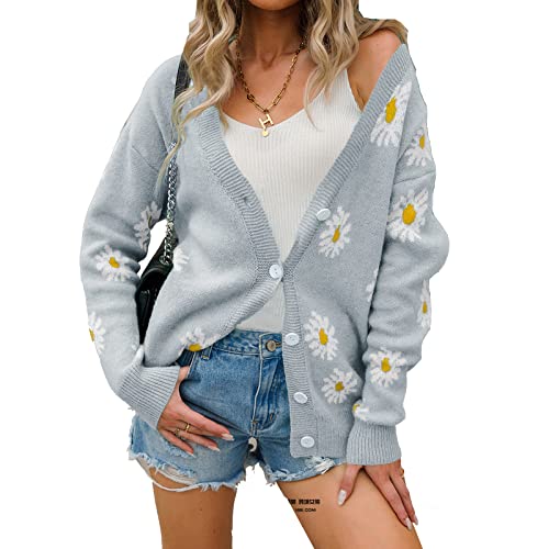 Image of Women's Floral Print Long Sleeve V-Neck Sweaters Button Down Ribbed Cuffs Knit Cropped Cardigan Sweater