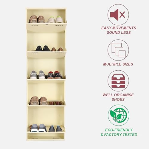 Image of Metal Shoe Rack Wall Mounted for Home with Central Locking | 5 Door 20 inch Wall Mounted Metal 10 Pair Shoe Rack Cabinet | Pre-Assembled Rack Shelves | 3 Year Warranty (Ivory)