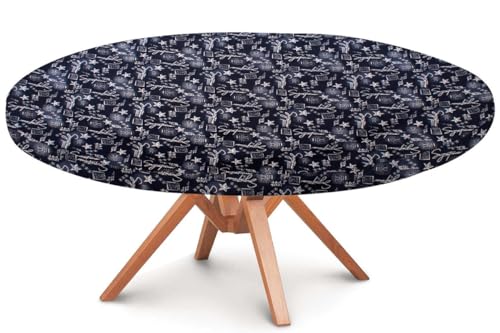 Image of The Furnishing Tree Round Elastic Fitted Dining Table Cover WxL 36x36 Inches Self Pattern Blue