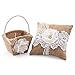 WIVAYE Panier à fleurs mariage et coussin alliances, panier en toile jute avec poignée en perle, coussin en dentelle jute décoration fête d'anniversaire mariage 20x20cm Marron