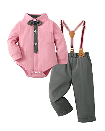 Image of NZRVAWS Baby Boy Clothes 3-6 Months Infant Dress Romper with Bowtie + Suspender Pant Cotton Gentleman Outfit Suit Pink