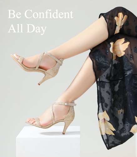 Image of Ankis Nude Gold Black Heels Strappy Heels for Women 3 Inch Stiletto Open Toe Sandals for Wedding Evening Party Homecoming