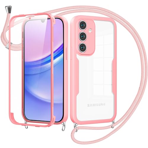 Cover per Samsung Galaxy A15 con Cordino360 Gradi Antiurto Trasparente Custodiacon con Protezione Schermo Integrata Bumper Rugged Custodia con Regolabile Tracolla per A15
