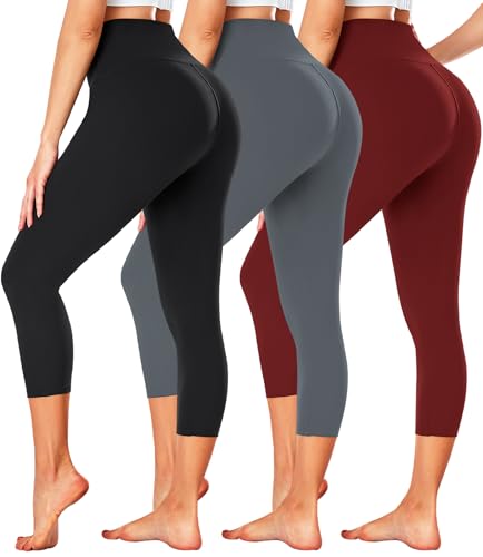 FULLSOFT 3 Pack Capri Leggings for Women - High Waisted Tummy Control Workout Yoga Dance Athletic Mother’s Day Work Out Gifts for Active Pants Newyear Present(Black,Dark Grey,Wine,Small-Medium)