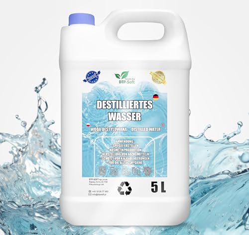 DTP-SOFT 100 % agua destilada pura de 5 l | 5 l de agua desmineralizada - agua destilada adecuada para planchas, humidificadores, baterías y mucho más