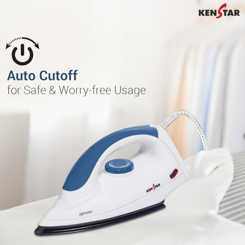 Image of Kenstar XPRESSO 1000W Dry Iron | Non-Stick PTFE Soleplate | Auto Cut-Off & Fabric Selector | 180 Swivel Cord | Blue & White