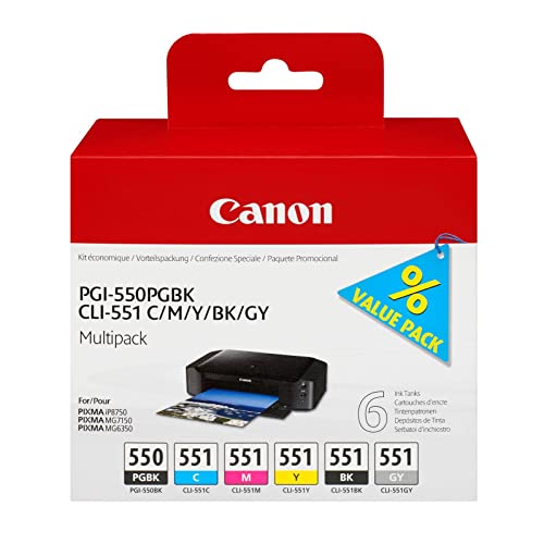 Canon PGI-550/CLI-551 Cartouches PGBK/C/M/Y/BK/GY Multipack Noire Pigmenté, Cyan, Magenta, Jaune, Noir, Gris (Multipack Plastique)