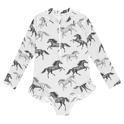 Horse Running Pattern Prints_1 Girls Rash Guard Swimsuits Long Sleeve One Pieces Bathing Suit UPF 50+ Zipper Swimwear