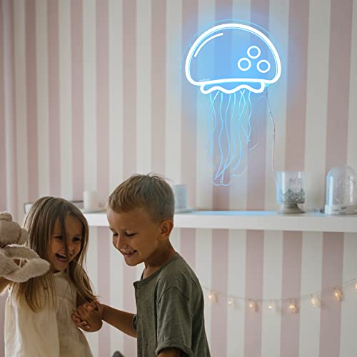 Image of welltodo Jellyfish Neon Signs,Cool Ice Blue Neon Sign for Wall Decor, LED Neon Light Sign for Girls Bedroom Ocean Display Room,Kids Birthday Gift, Wedding Party, Holiday Decoration Powered by USB