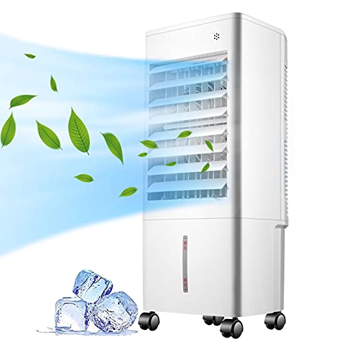 Ventilador portátil para el hogar con control remoto y 4 ruedas, función de temporizador, 3 velocidades, 3 ajustes de viento y oscilación (tanque de agua doble de 9 litros), control remoto A (control