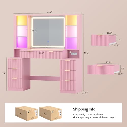 Image of Big Vanity Desk, Fluted Makeup Vanity with Mirror Lights, Pink Vanities