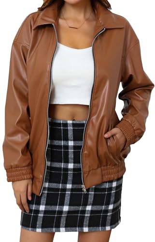 We1Fit Womens Oversized Leather Jacket Zip Up Fashion Fall Moto Bomber Biker Winter Coats Outerwear Outfits with Pockets