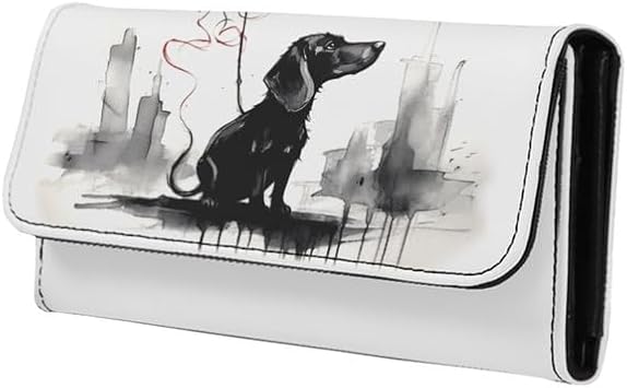 Dachshund Dog Trifold Wallet for Women Watercolor Dog Red Balloon Long Clutch Extra Capacity Multi Card Slot Ink Wash Dachshund Large Trifold Wallet With ID Window