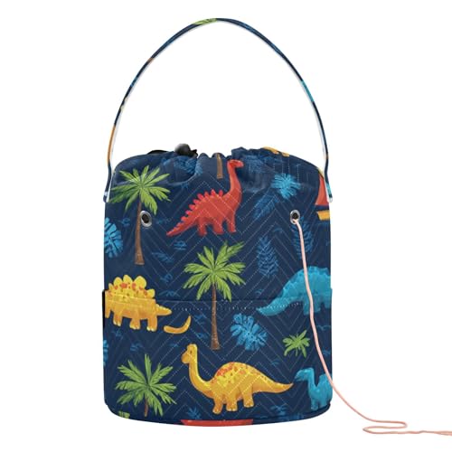 Image of Tatenale Crochet Bag Yarn Bag Knitting Project Bag with Pockets and Handle Portable Yarn Storage Organizer Tangle Free 8.3x11 InchTropical Leaves and Multicolored Dinosaurs34