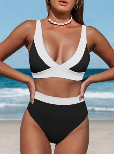 Image of Hilinker Women's Leopard Bikini Swimsuits V Neck High Waisted 2 Piece Bathing Suits