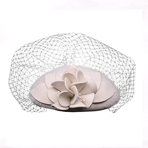 F Fadves British Style Pillbox Hat Retro Wool Felt With Veil Flower Fascinator 20S 50S Wedding Derby Church Party Hats White #TOP5