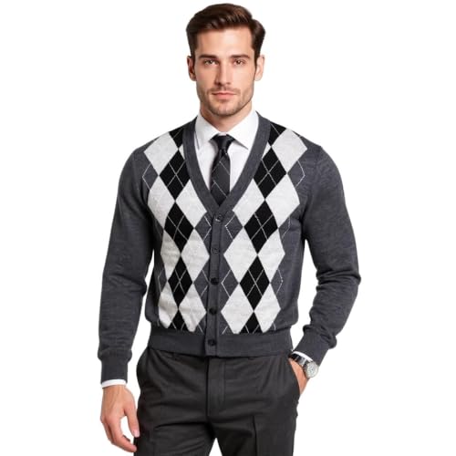 | Merino Wool Cardigan Sweater - Argyle Model | Woolmark Certified