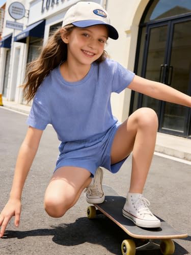 Image of Size 6-12 Years Girl's Tracksuit Sets 2 Piece Outfits Letter Print Vacation Tee Top and Drawstring Waist Shorts
