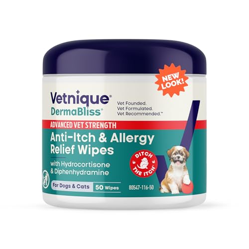 Vetnique Dermabliss 3-in-1 Medicated Dog Wipes - Relief for Itchy Skin, Allergies & Odor Control, Gentle No-Sting Formula, Antihistamine & Hydrocortisone Paw Wipes for Dogs & Cats 50 Count