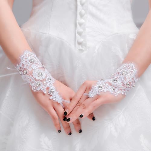 CHIC DIARY White Lace Rhinestone Gloves Women Bridal Fingerless Crystal Gloves for Wedding Party2