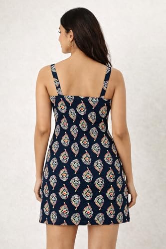 Image of Rayon Printed Short Dress for Women | Sleeveless Style | Pull-On Closure, Floral Design, Square Neck, Slim Fit Style for Parties, Summer Evening Outfits - Black