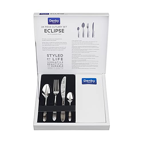 Denby – Eclipse 24 Piece Stainless Steel Cutlery Set for 6 People – Dishwasher Safe Tableware Kitchen Service – Flatware Set with Fork, Table Knife, Dessert Spoon & Teaspoon