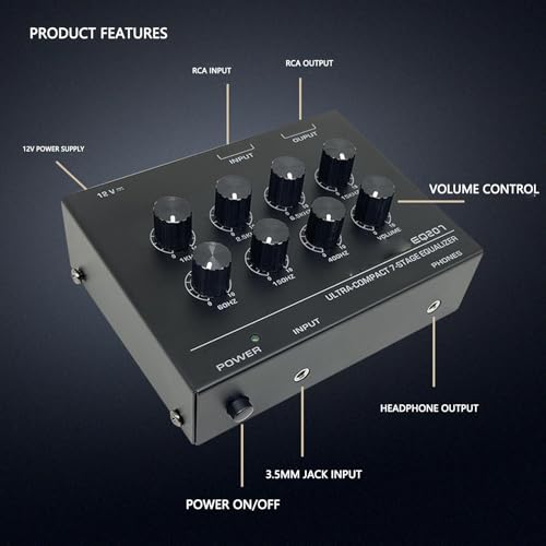 Ecualizador de sonido de 7 bandas con entrada de jack de auriculares de 3,5 mm y circuito TL074 para ajuste de agudos y graves en sistemas de audio para auto y hogar (enchufe estadounidense) miniatura 2
