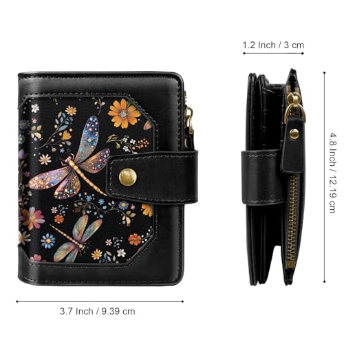 Image of Women Wallet Bifold RFID Blocking Small Credit Card Holder Leather Wallets Cards Case Ladies Purse with Zipper, Dragonfly