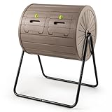 COSTWAY 142L Trommel-Komposter, Gartenkomposter Doppelkammer, 360° drehbar, Kompostschleuder mit 2 abschließbare Türen, Schnellkomposter aus PP & Metall, für Garten Balkon, 70x63x92cm (Kaffee)
